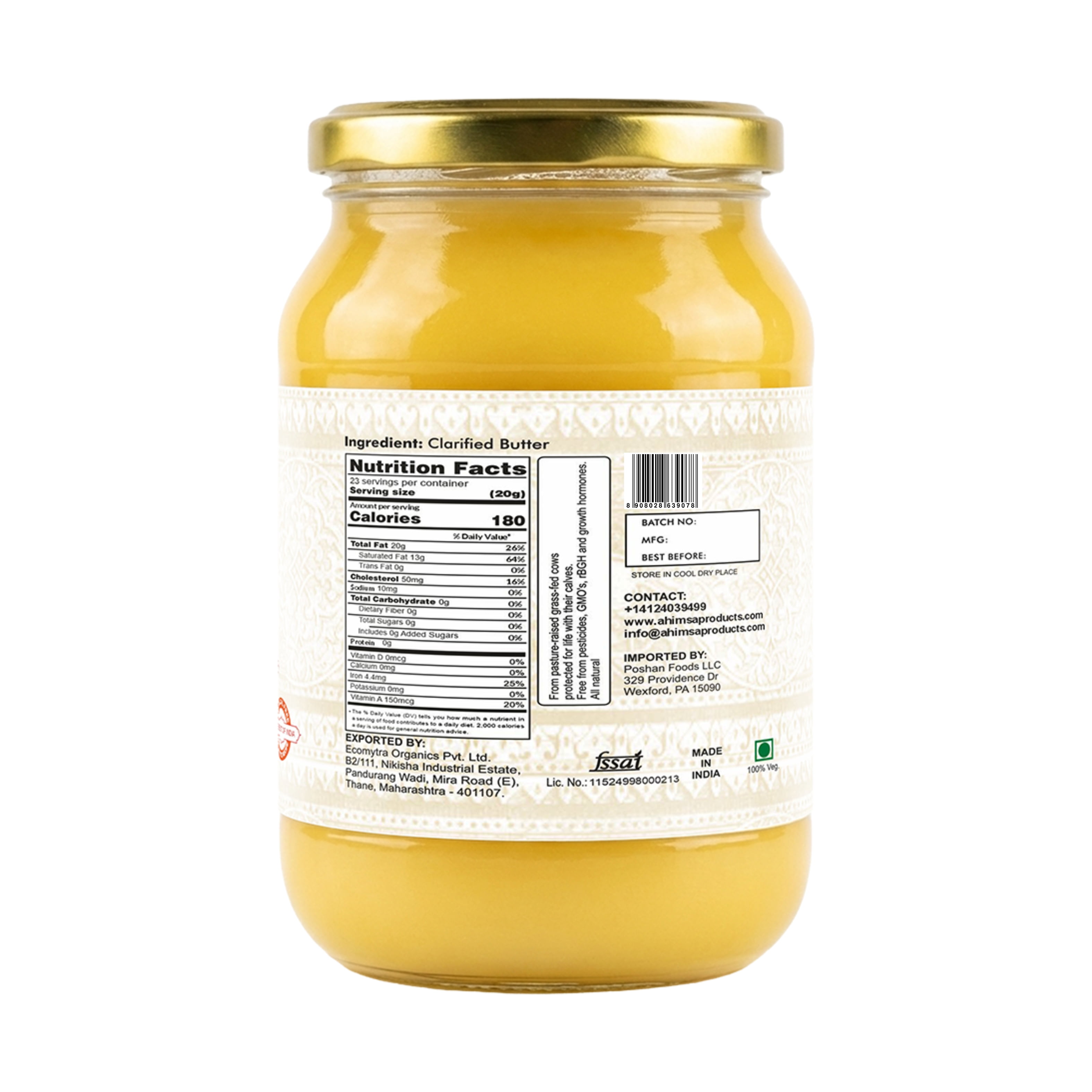 Ahimsa Pure A2 Desi Cow Cultured Ghee, 16 oz