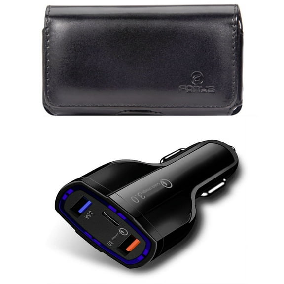 Case Belt Clip & Quick Car Charger for iPhone 15 Pro - Leather Swivel Holster Loops and 48W 3-Port USB Type-C Port Power K6L for iPhone 15 Pro (6.1")