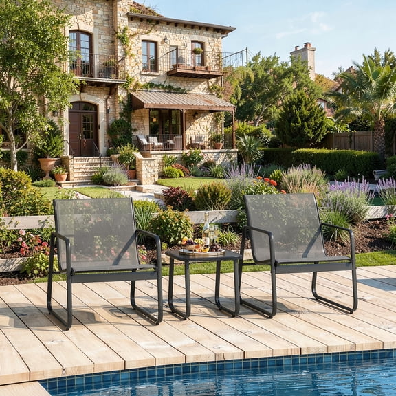 3-Piece Outdoor Patio Furniture Set – All-Weather Textilene Conversation Set, Rust-Proof & Space-Saving Balcony Bistro Set with High Weight Capacity, Ergonomic Comfort, Gray