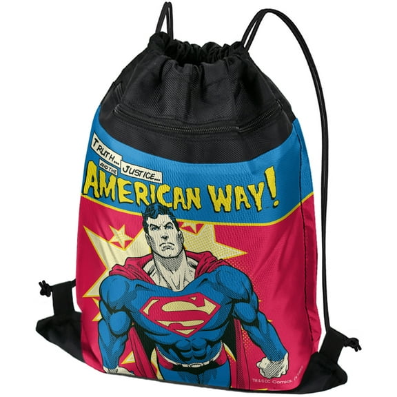 Superman The American Way Drawstring Backpack Sports Bag Sackpack 17" x 13", Perfect for Gym, Yoga or Practice