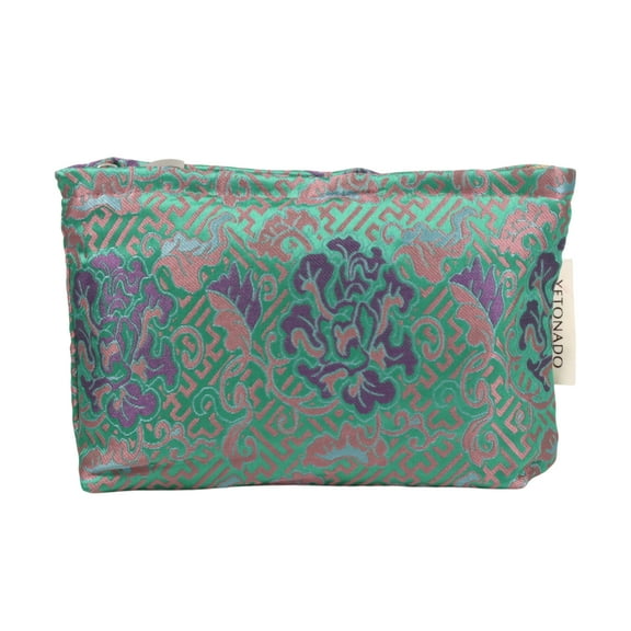 Unique Bargains 1 Pc Convenient Peony Handheld Makeup Bag for Vacation Large Green Purple Polyester