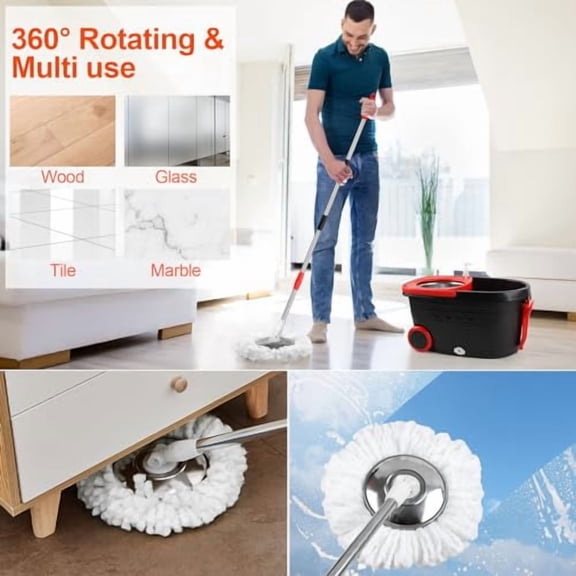Mop and Bucket with Wringer Set, 360° Rotating Mop Bucket System with 3 Microfiber Mop, Stainless Steel Floor Cleaning System with Dual Mode
