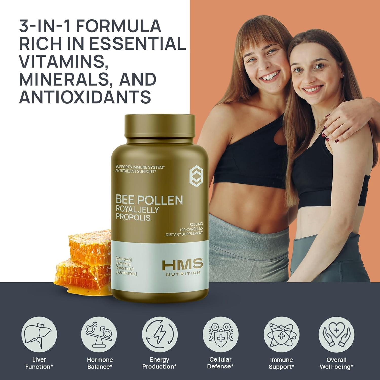 HMS Nutrition Premium Bee Pollen Daily Dietary Supplement - Includes Propolis & Royal Jelly, 120 Capsules