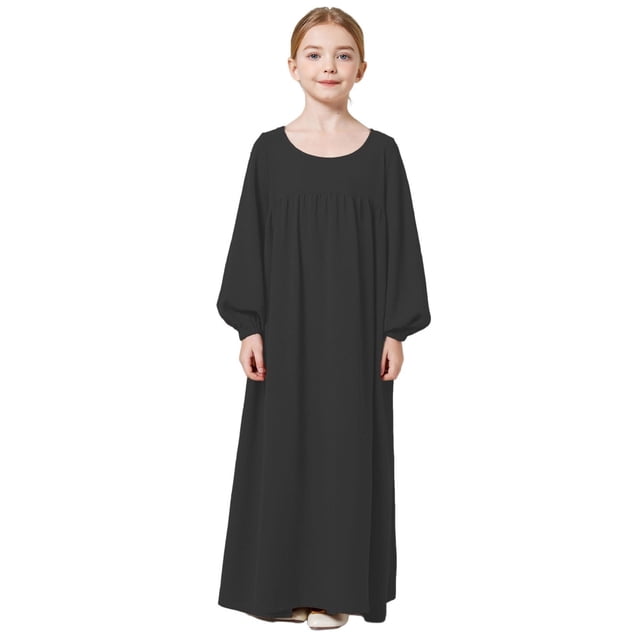 XDZJLR Robes pour Filles Enfants Adorable Abaya Musulmane Manches Longues Coupe Ajustée Décontractée Robe de Prière Jupe