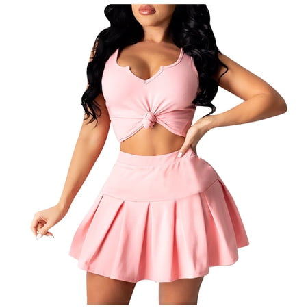 REORIAFEE Women 2 Piece Outfits Summer Casual Tracksuit Set Beach Outfit Fashion Summer Women Backless Sleeveless Sexy High Waisted Dresses Shirts Sets Pink S