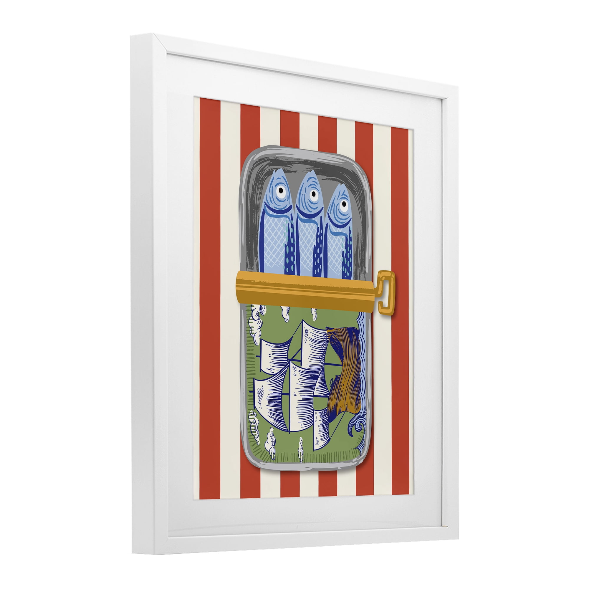 Stupell Industries Sardines with Antique Ship White Framed Print Under Glass, design by Arrolynn Weiderhold