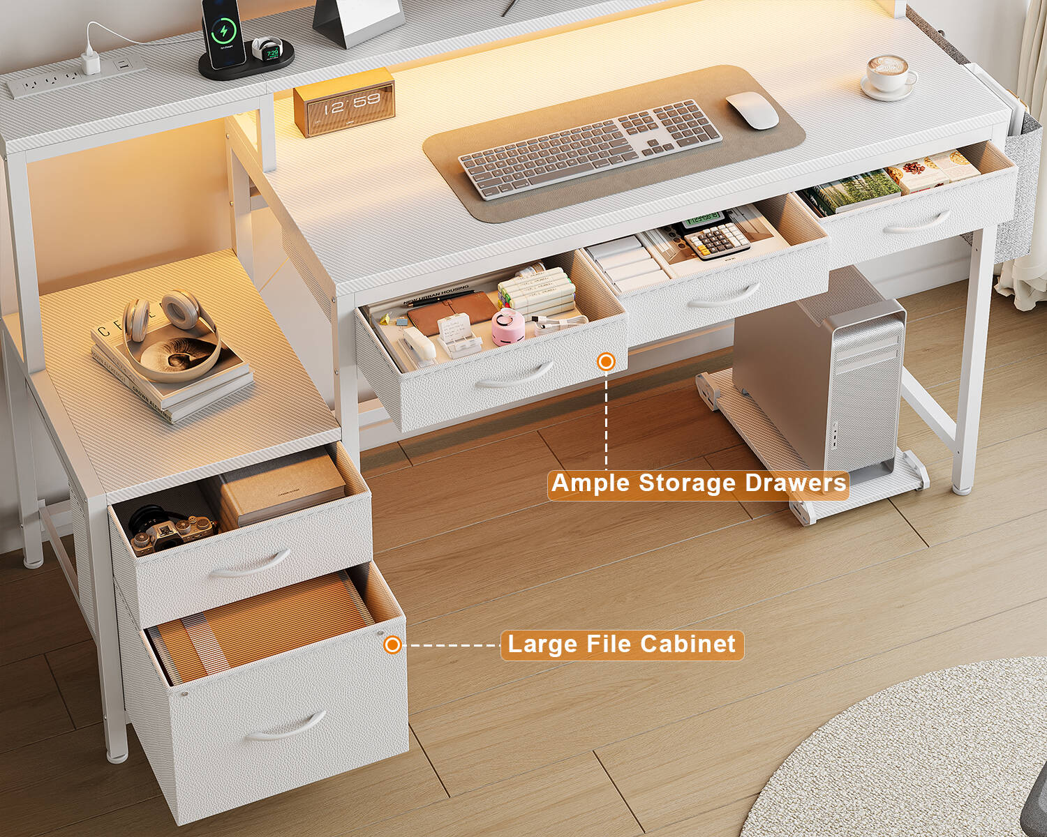 GUNAITO 60 inch Gaming Desk with 5 Fabric Drawers & Storage Shelves, Computer Desk with LED Lights & Charging Station,Carbon Fiber White