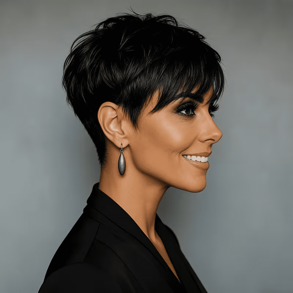 Short Layered Pixie Cut Human Hair Wigs With Bangs Chic Elegent Pixie Cut Wigs Lightweight Wavy Full Machine Made Wear and Go None Lace Front Wigs with Bangs