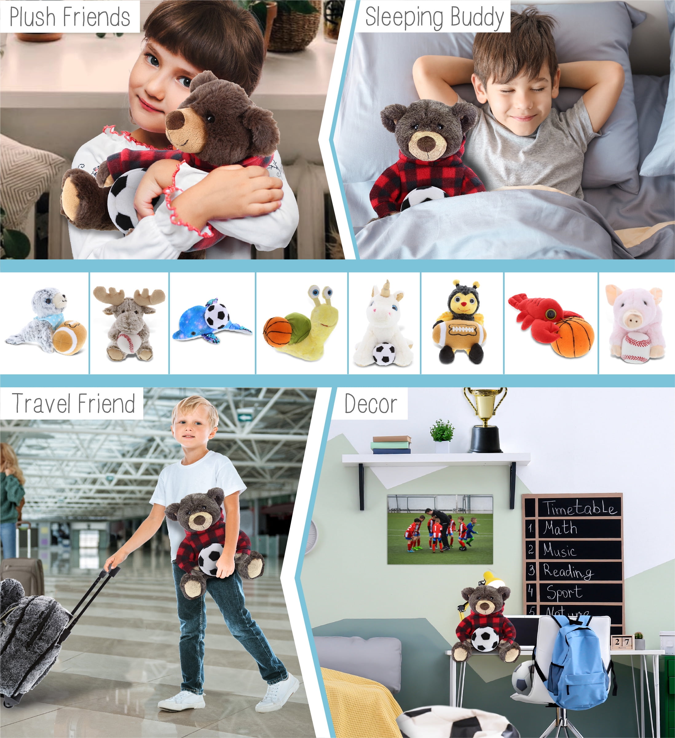 DolliBu Brown Bear Stuffed Animal with Soccer Ball Plush and Red Plaid Hoodie - Super Soft Grizzly Bear Plush Toy, Cute Teddy Bear Gift, Super Soft Plush Doll Animal Toy for Kids and Adults - 10 Inch