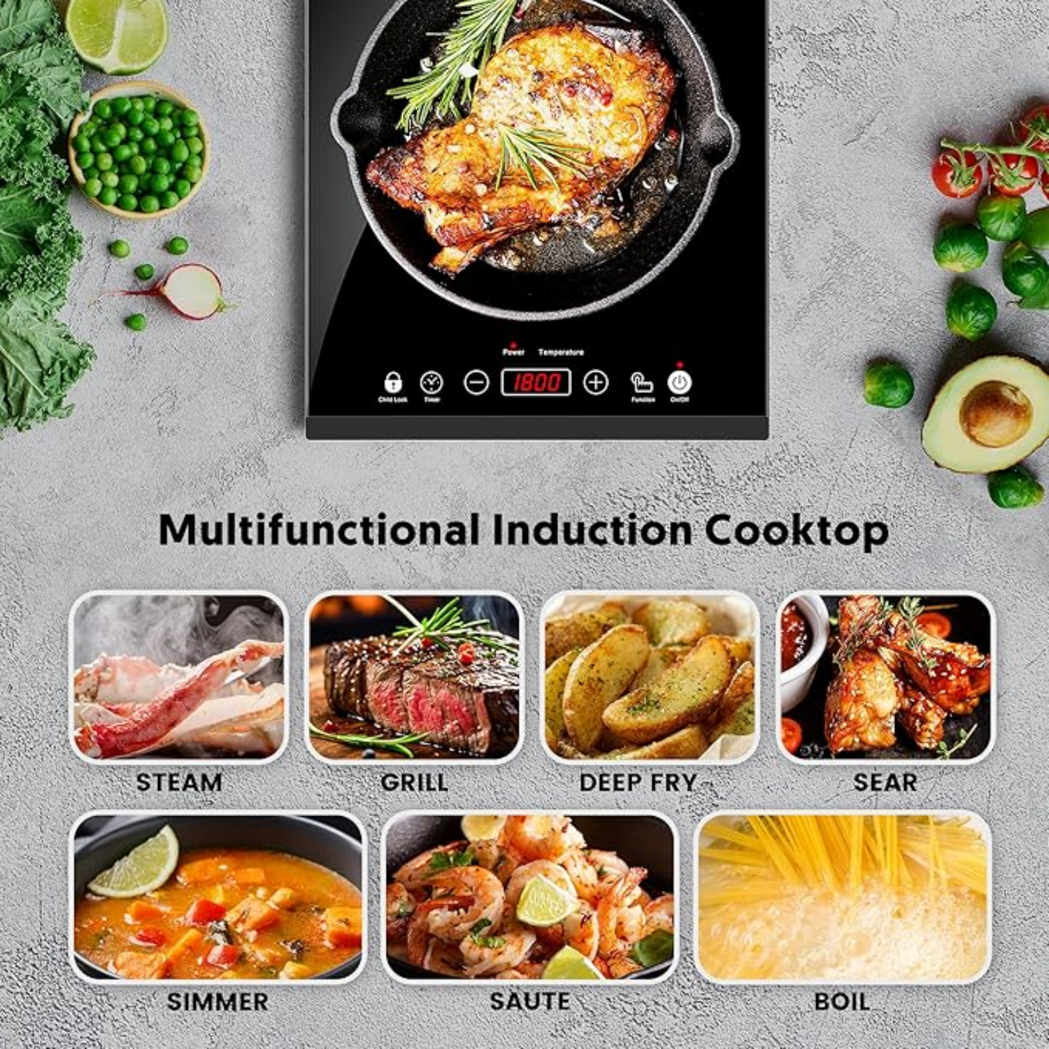Portable Induction Cooktop, 1800W Sensor Touch Electric Induction Cooker Hot Plate with Kids ty Lock, 6.7" Heating Coil, 18 Power 17 Temperature Setting Countertop Burner with Timer