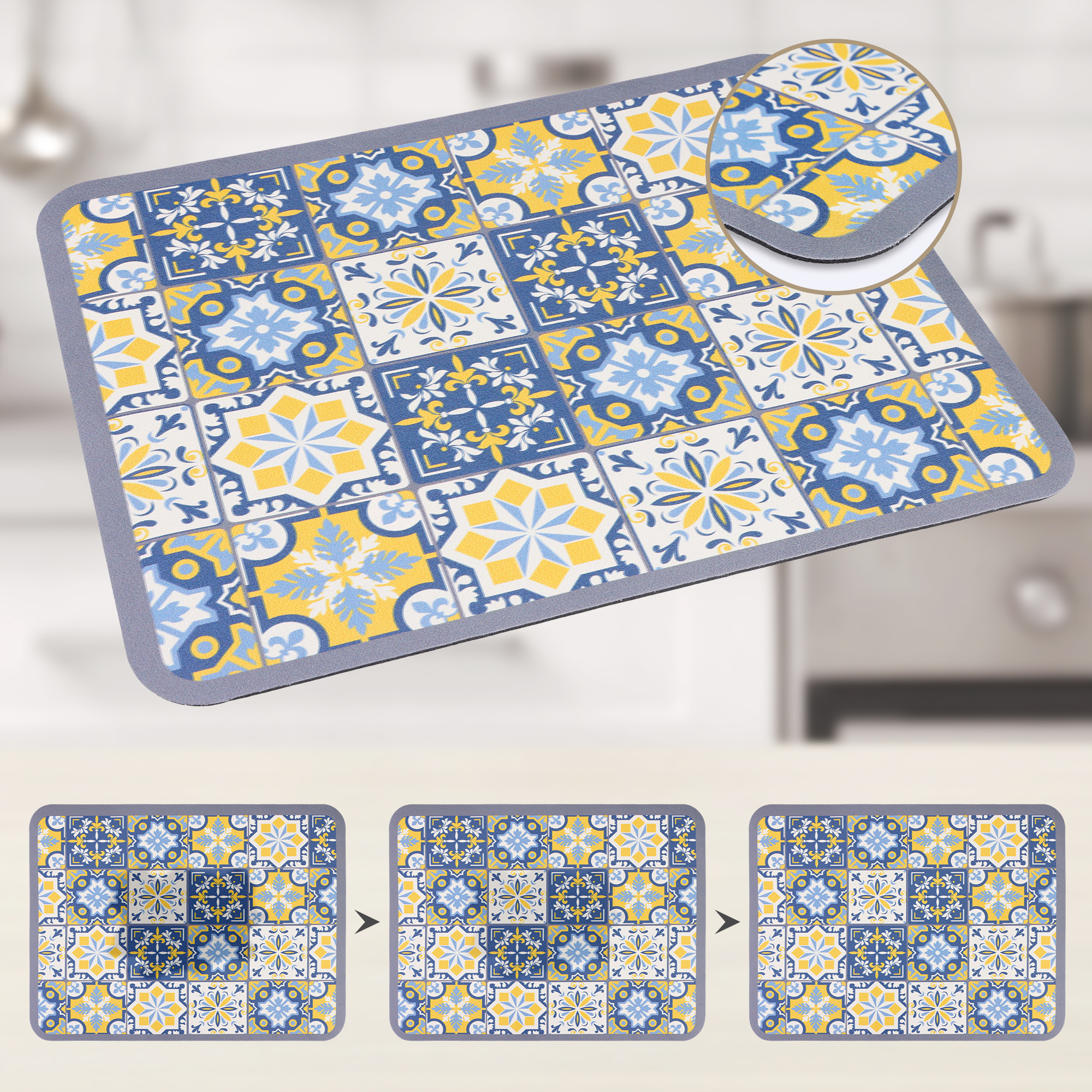 Unique Bargains Floral Design Dish Drying Mat for Dishes and Cups Yellow 15.7*11.8 inch