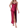 thumbnail image 1 of INSPIRAR CHIC Camisón Largo de Satén para Mujeres con Encaje y Abertura, Lencería para Damas, Ropa de Noche con Escote en V, Quimono de Seda Largo, Pijamas Rojos, 1 of 6