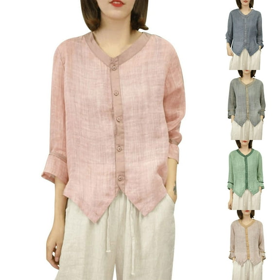 Dazajoo Cotton Linen V Neck Tops for Women Trendy Irregular Hem Long Sleeve Shirts Casual Solid Color Blouses,Blue,L