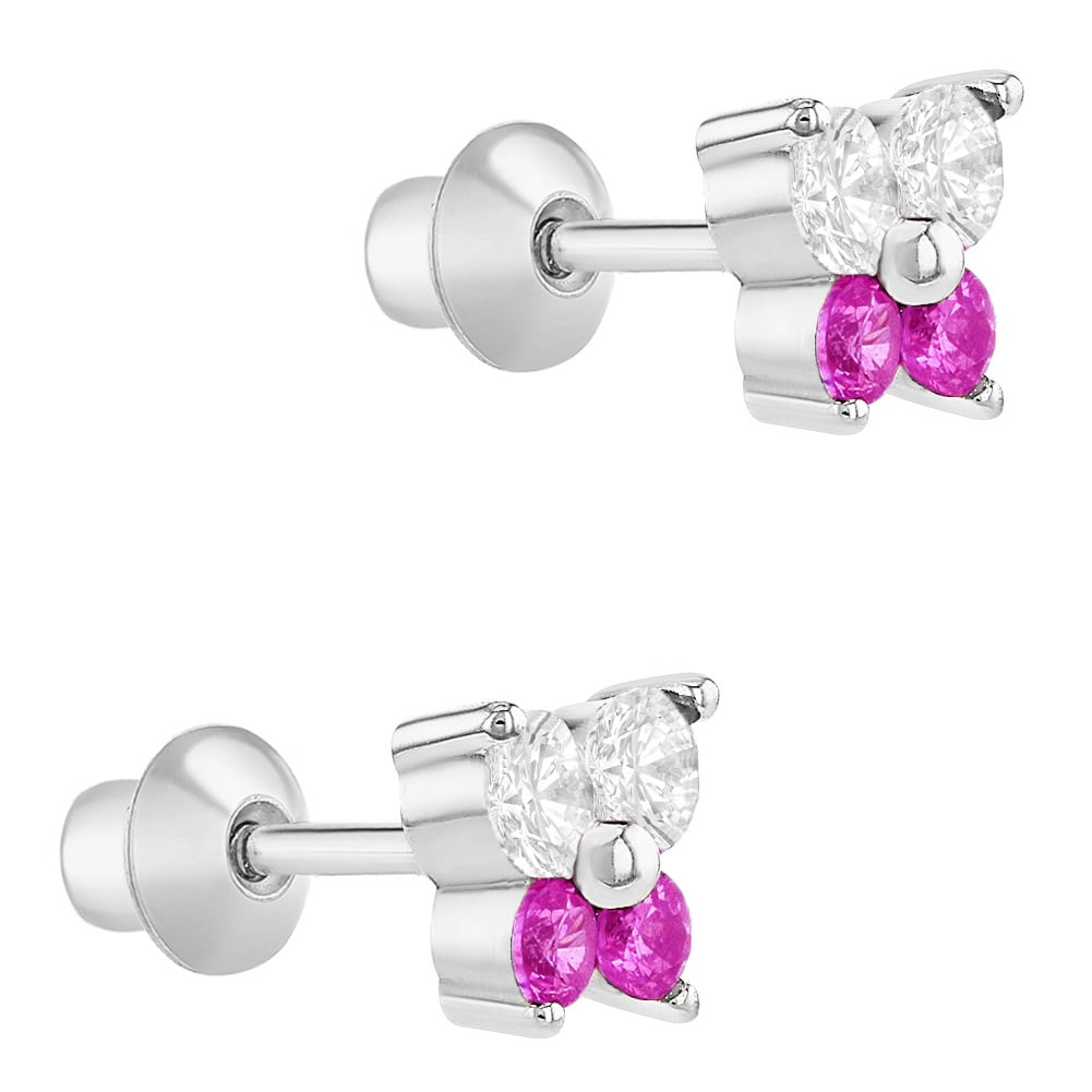 Rhodium Plated Small Butterfly Pink Clear CZ Screw Back Baby Girls Earrings