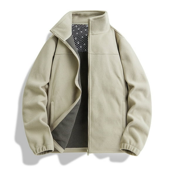 ohmzyzo Men's Plus Size Fleece Jacket Lightweight Full Zip Soft Tops Classic Outdoor Winter Thermal Jacket with Pockets Beige 4XL