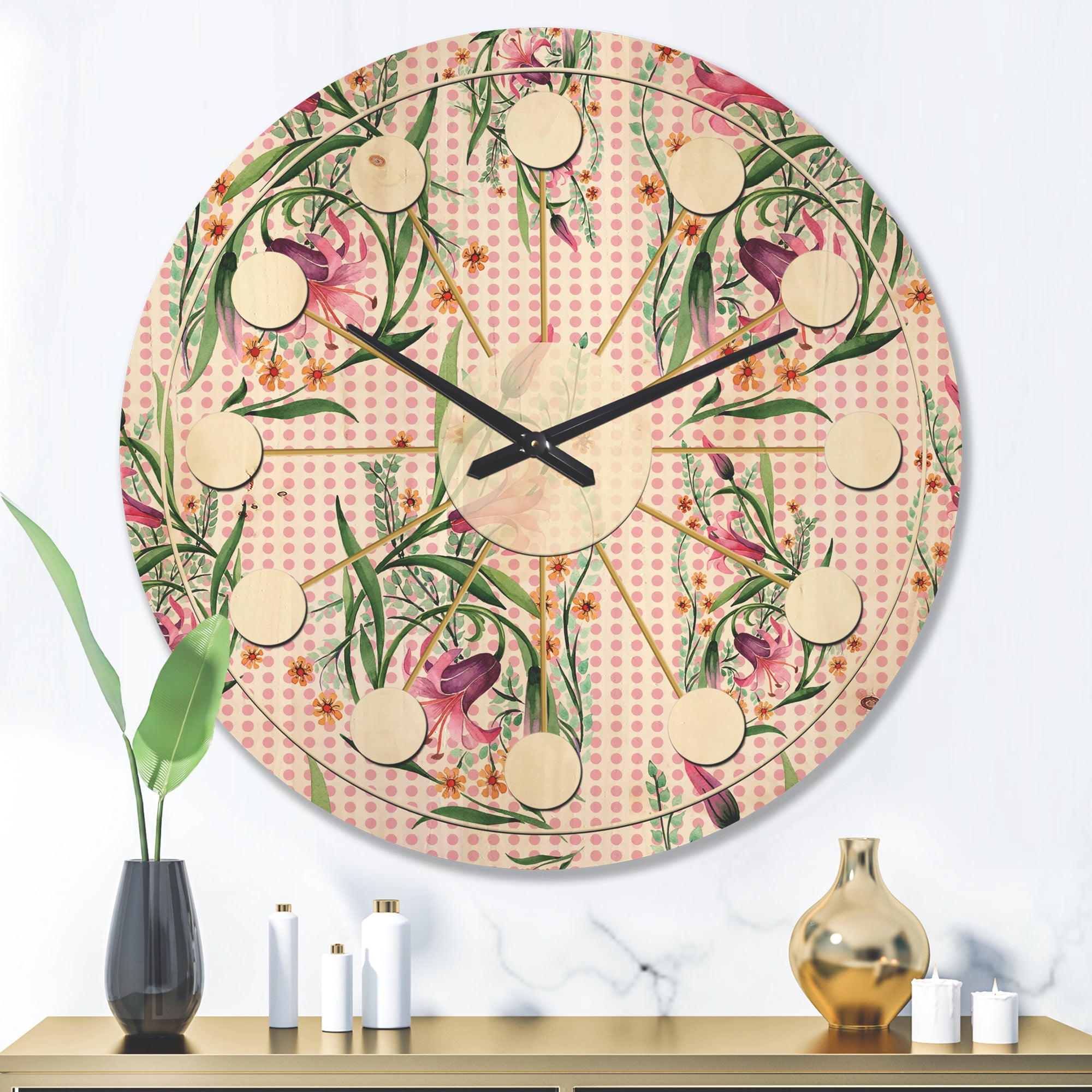 Designart 'Botanical Floral Retro X' Mid-Century Modern Wood Wall Clock