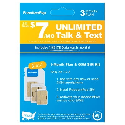 FreedomPop 3-in-1 LTE SIM Kit 3-Month Prepaid Plan (Unlimited Talk, Text, & 1GB (Best Unlimited Data Plan Sim Only)