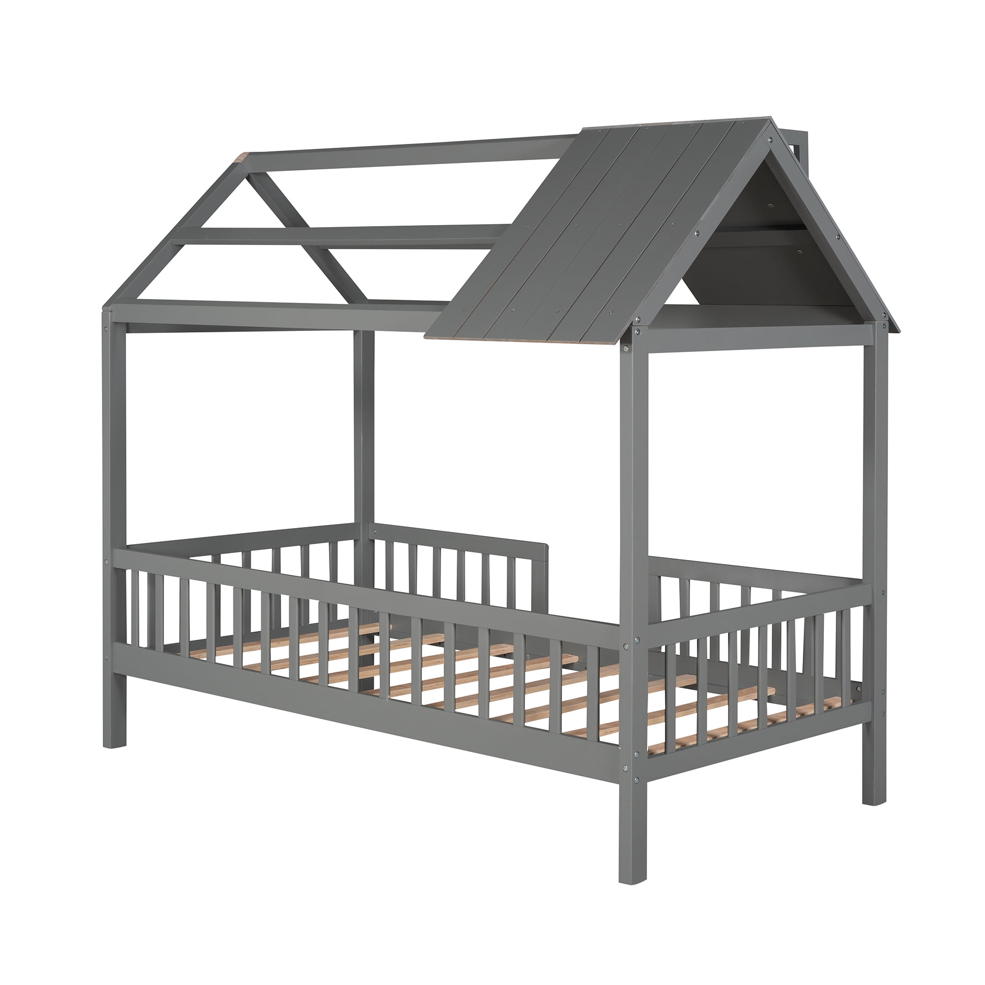 Aukfa Twin House Bed with Fence and Roof, Wood Montessori Bed for Kids, Teens - Gray