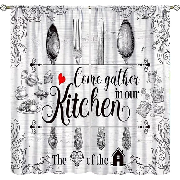 Rustic Food Kitchen Curtains, Vintage Cooking Sign Kitchen Wall Decor Farmhouse Retro Vegetable Cafe Curtains Beige Brown Dining Room Window Drapes 2 Panels 84W x 84H Blackout