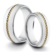 TungstenMasters Roberto Ferrini HIS & HERS 8MM/6MM Tungsten Carbide Classic Polished Comfort Fit Wedding Band TWO RING SET w/ Gold Plated Rope Style Inlay (Available Sizes 4 - 14 Including Half Sizes)