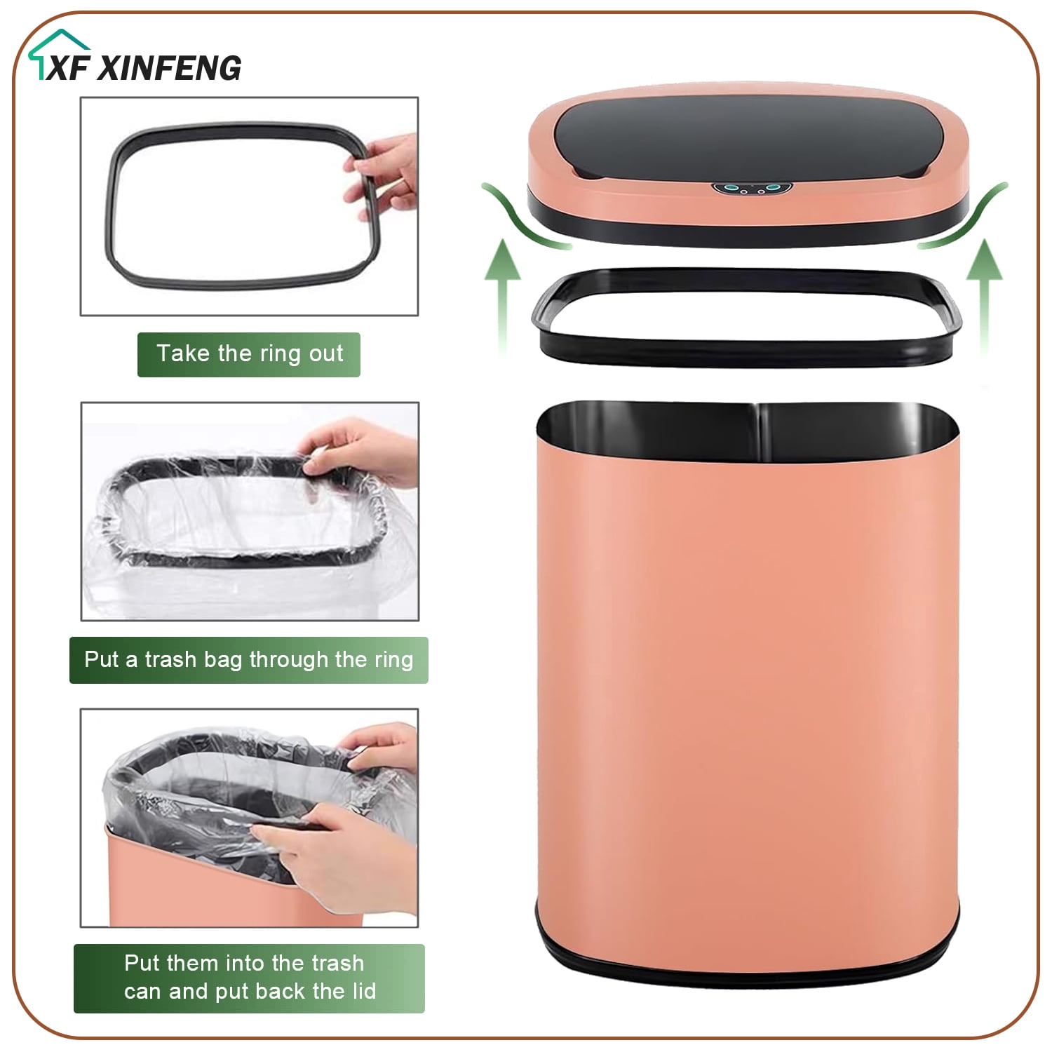 XF XINFENG 13 Gallon 50 Liter Garbage Can Kitchen Trash Can with Lid Automatic Sensor Touch Free Stainless Steel Waste Bin for Bathroom/Bedroom/Home/Office, Pink