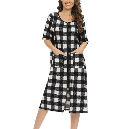 

Women s Nightgown Buffalo Plaid Robe For Women - Medium Length Luxury Holiday Kimono Bathrobe 3/4 Sleeve Pajamas Dress Black S-2XL