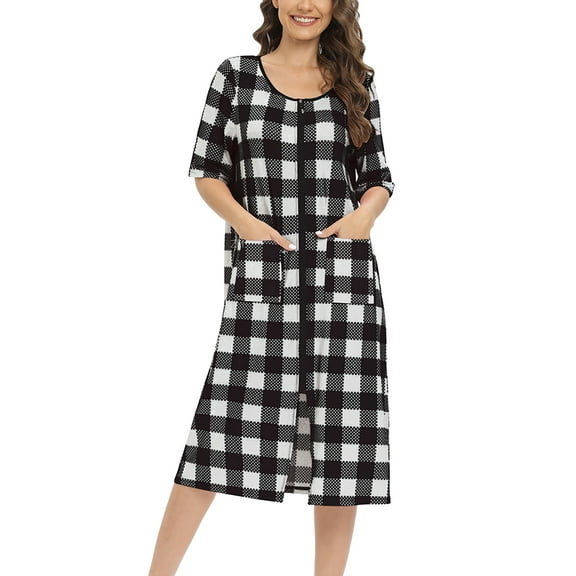 Buffalo Plaid Robe for Women - Medium Length Luxury Holiday Kimono Women's Nightgown Bathrobe with Pockets 3/4 Sleeve Pajamas Dress,Black S-2XL