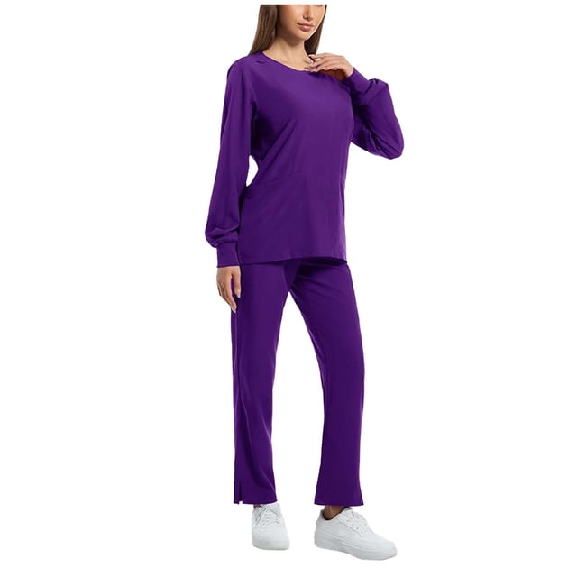 Floleo Ensemble d'Uniforme d'Infirmière Décontracté et Ample pour Femmes, Cardigan à Manches Longues et Col Rond avec Poches, Pantalon Confortable pour le Travail Quotidien au Bureau, Printemps Été (Violet, TG)