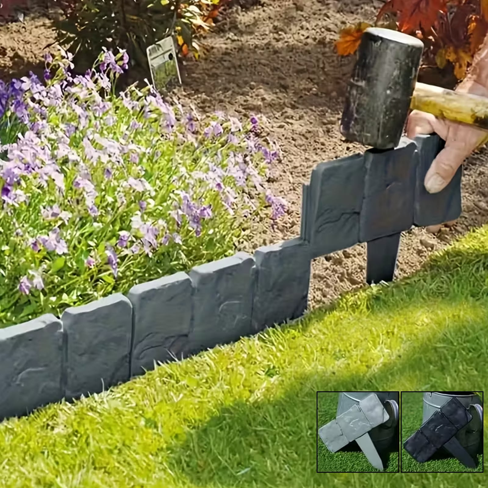 Plastic Garden Edging Kits-No-Digging- Decorative Flower Bed Fences for Landscaping,30 Pieces of Black Interlocking Lawn Stakes(25ft Length)