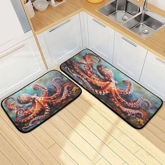 Dailycode 2 Pcs Kitchen Rug Set Non Slip Absorbent Soft Floor Mats for Kitchen Bathroom Octopus in Bottom Sea 19.7"x27.6" 19.7"x47.2"