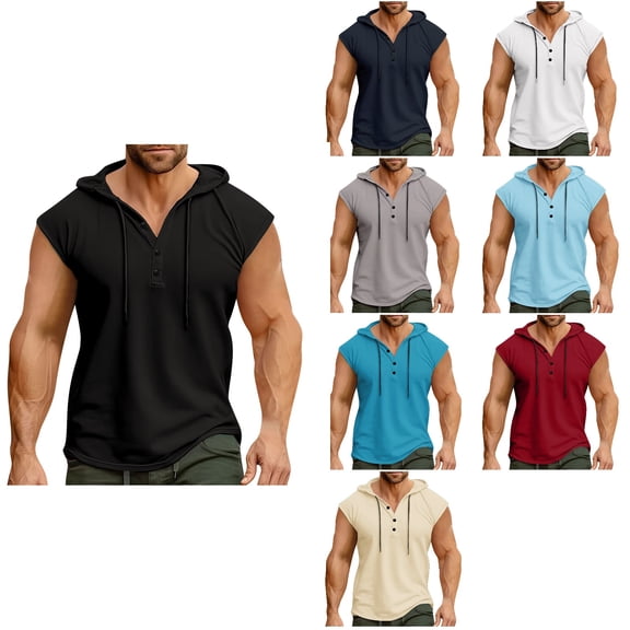 Antinious Men Solid Sleeveless Hooded Summer Button Pullover Lightweight Casual Tank Tops