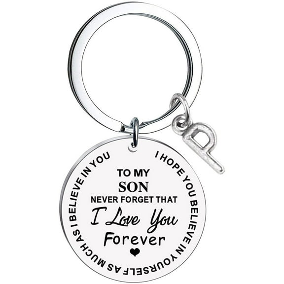 Valentine's Day Gifts for Woman To My Son Message Keychain Stainless Steel Initial Last Name 26 Letter Family Inspirational Keychain Gift Silver P