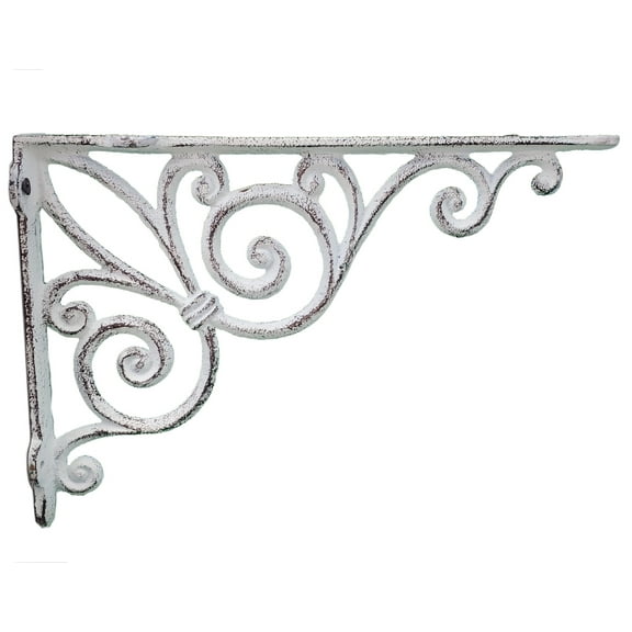 Floating Shelf Cast Iron Wall Bracket Ribbon Fleur De Lis Distressed White Large Size 11.375" Deep by Flag Emotes