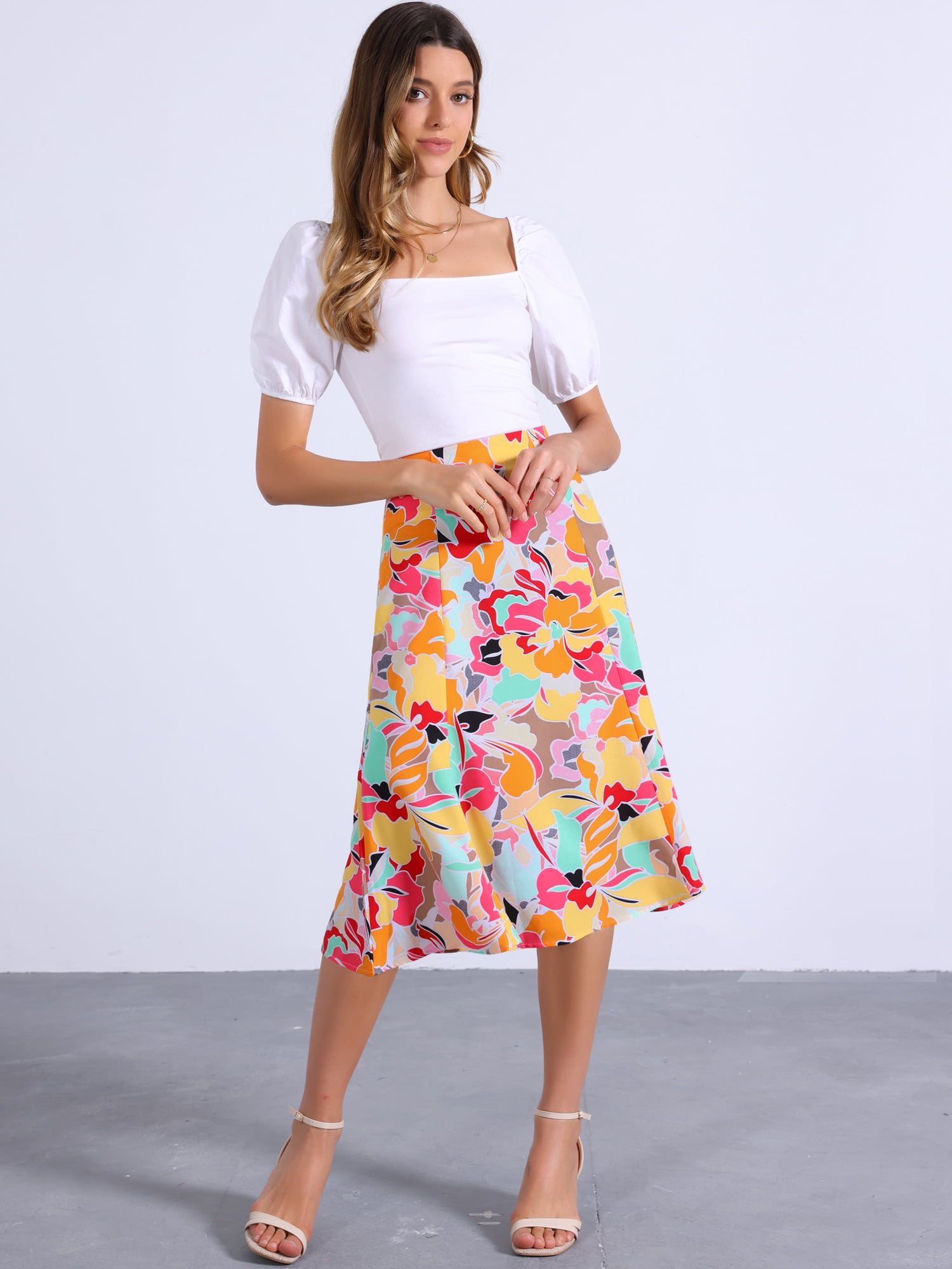 DARING DIVA Women's Floral Midi Peasant Elastic Waist A-Line Skirt M Abstract Floral