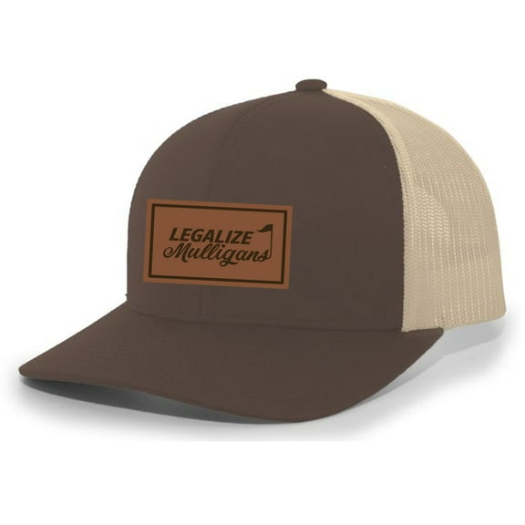 Men's Golf Legalize Mulligans Golfing Lucky Engraved Leather Patch Mesh Back Trucker Hat, Brown/Khaki