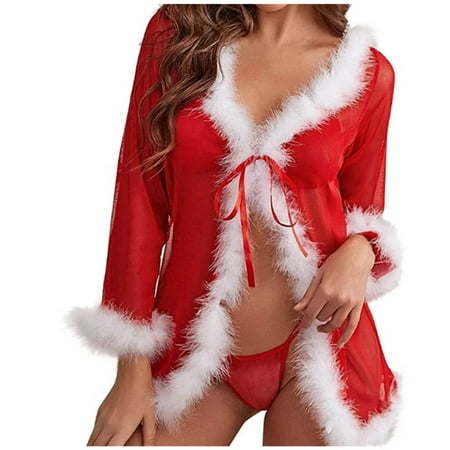

Lirclo Women Bandage Christmas V-collar Net Underwear Robe Sleepwear Thong Lingerie Red XL