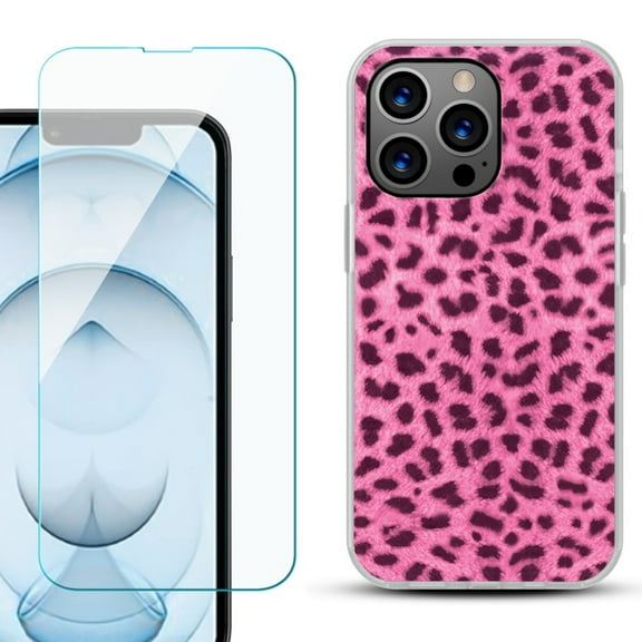 Slim-Fit Gel TPU Phone Case for iPhone 13 Pro Max, with Tempered Glass Screen Protector, by OneToughShield ® - Cheetah Pink