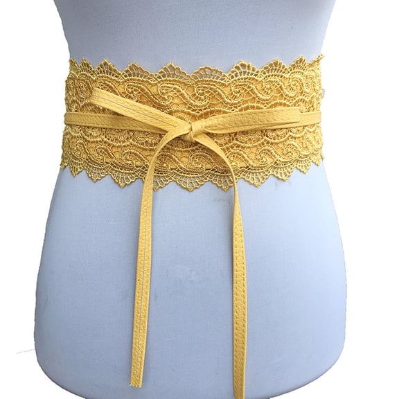 XmhyTop-A Self Tie Belt Lace Cinch Belt Wide Waist Belt, Bridal Lace Obi Belt with Bow, Adjustable Wrap Waist Accessory,Yellow