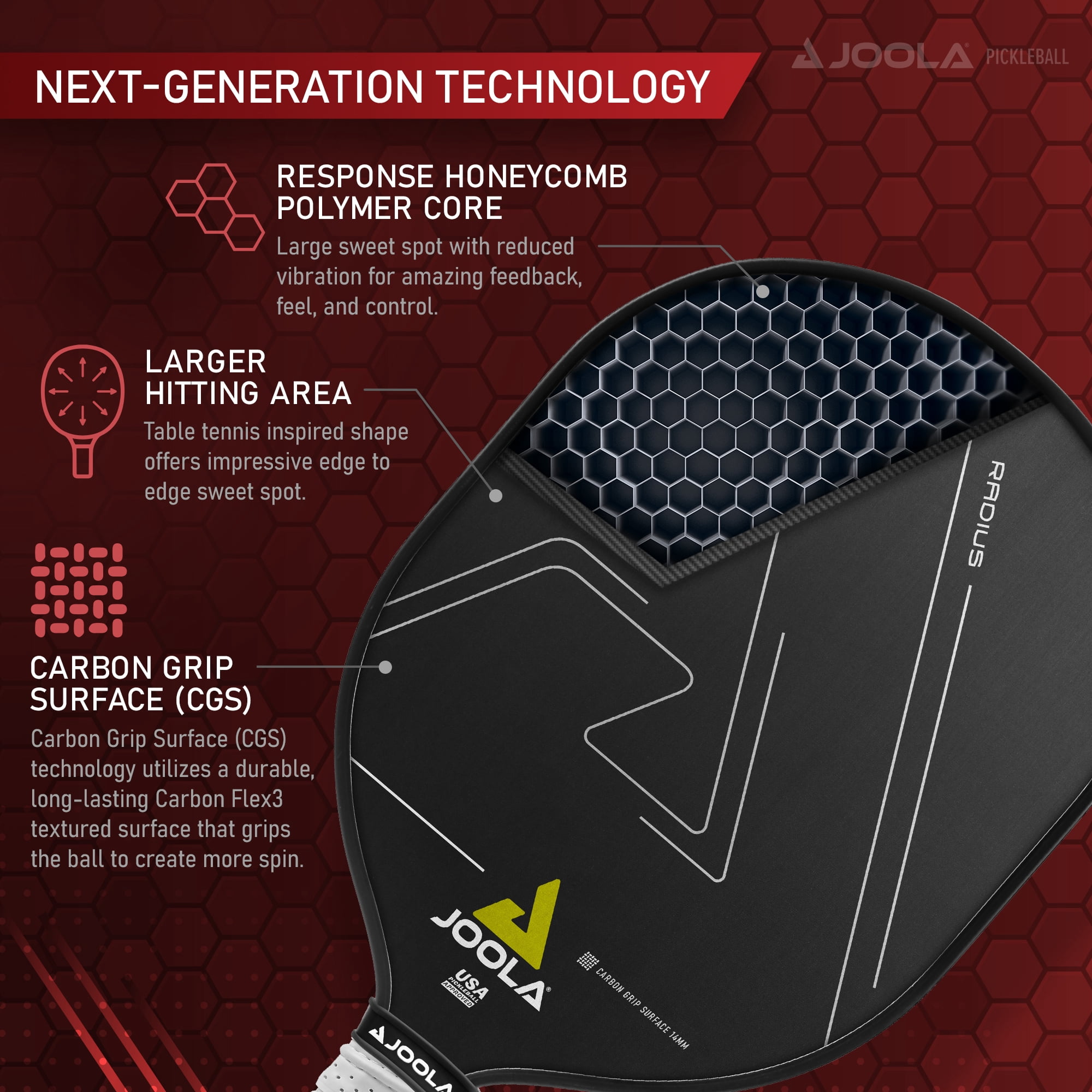 JOOLA Radius CGS 14mm Pickleball Paddle, Carbon Fiber, Black