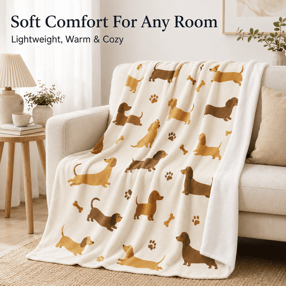 Dachshund Flannel Throw Blanket, Soft Lightweight Wiener Dog Blanket with White Back, Paw Print Bone Pattern for Couch Sofa Bed Home Decor Accent, 30 x 40 in