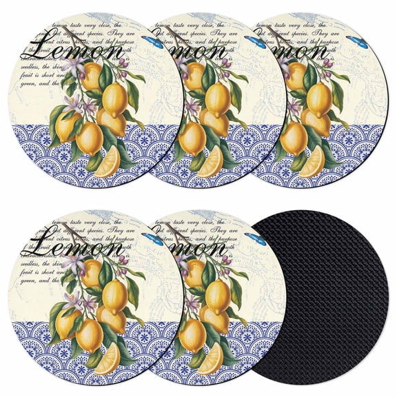 Lemon Coasters Set of 6, Absorbent Coasters for Drinks, Summer Vintage Yellow Fruits Italy Blue Textured Coaster for Desk Coffee Table Protection, Home Decor House Warming Gifts 4"