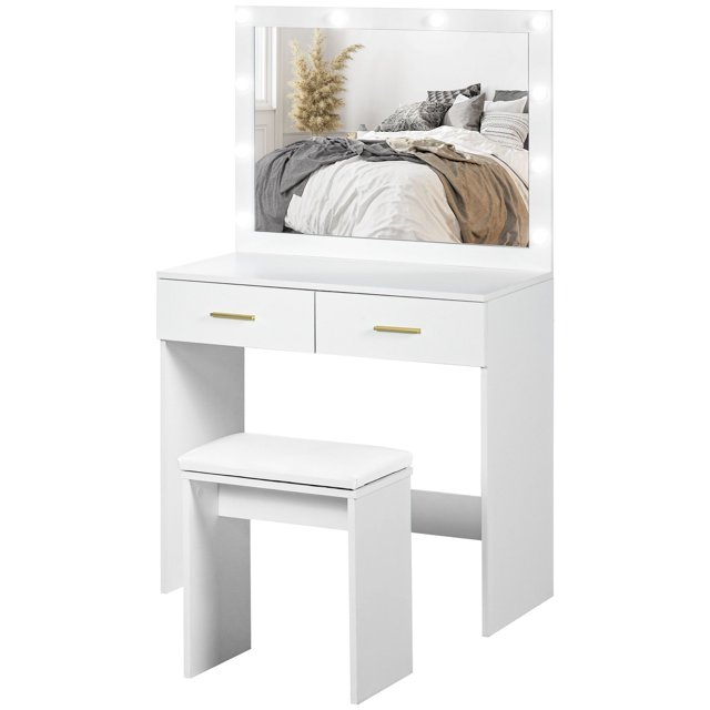 Ensemble de Coiffeuse Blanche avec Miroir LED et Tabouret - Table de Maquillage Moderne pour Chambre - 31,5” de Large, Rangement Spacieux, Coiffeuse Élégante