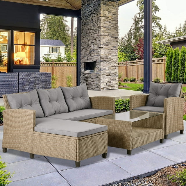 4 Piece Outdoor Patio Sofa Set, SEGMART Wicker Outdoor Furniture Set w/ Coffee Table, Patio Conversation Set w/ Cushions and Sofa Chair, Outdoor Sectional Couch for Lawn Garden Poolside, H282