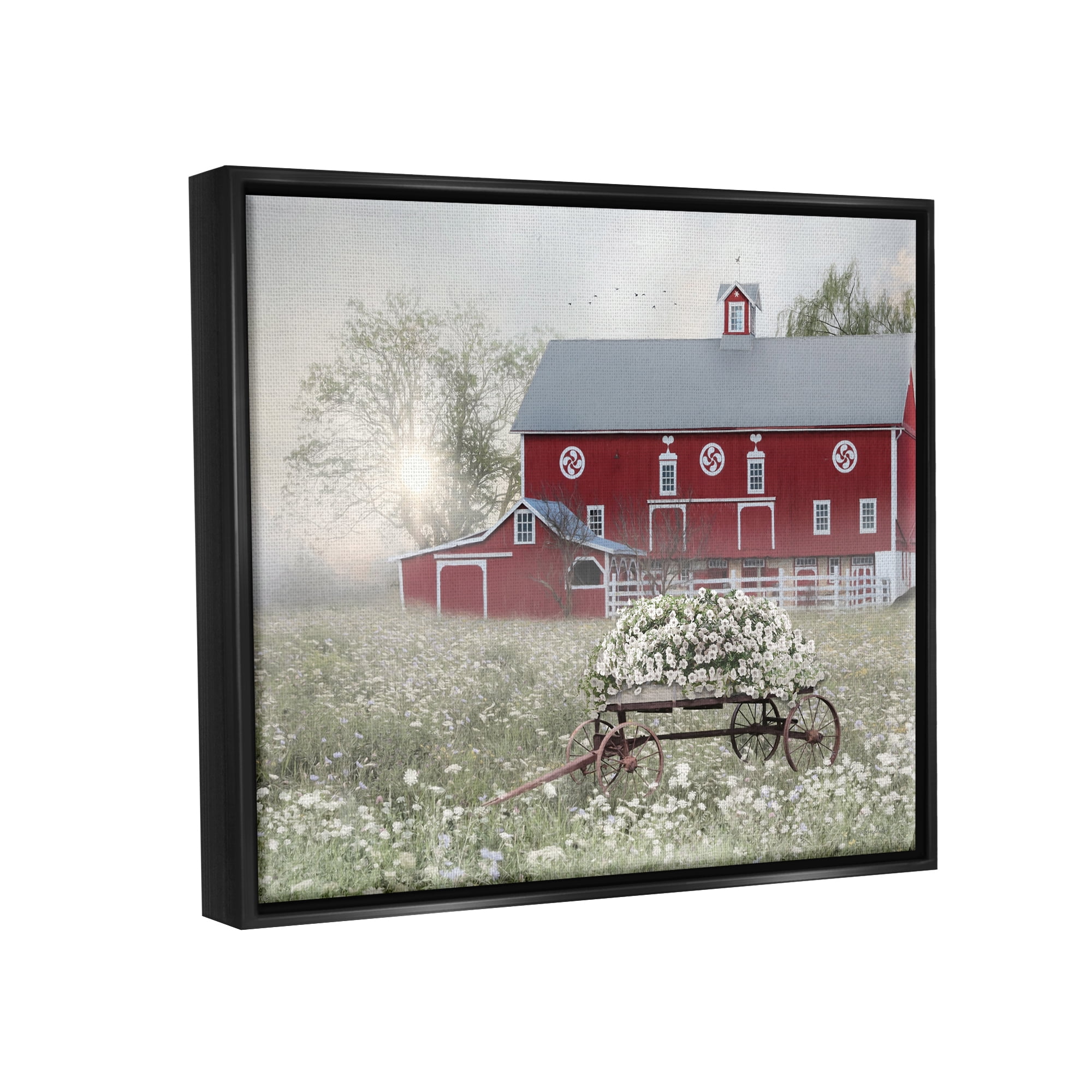 Stupell Red Barn Floral Wagon Meadow Landscape Painting Black Floater Framed Art Print Wall Art