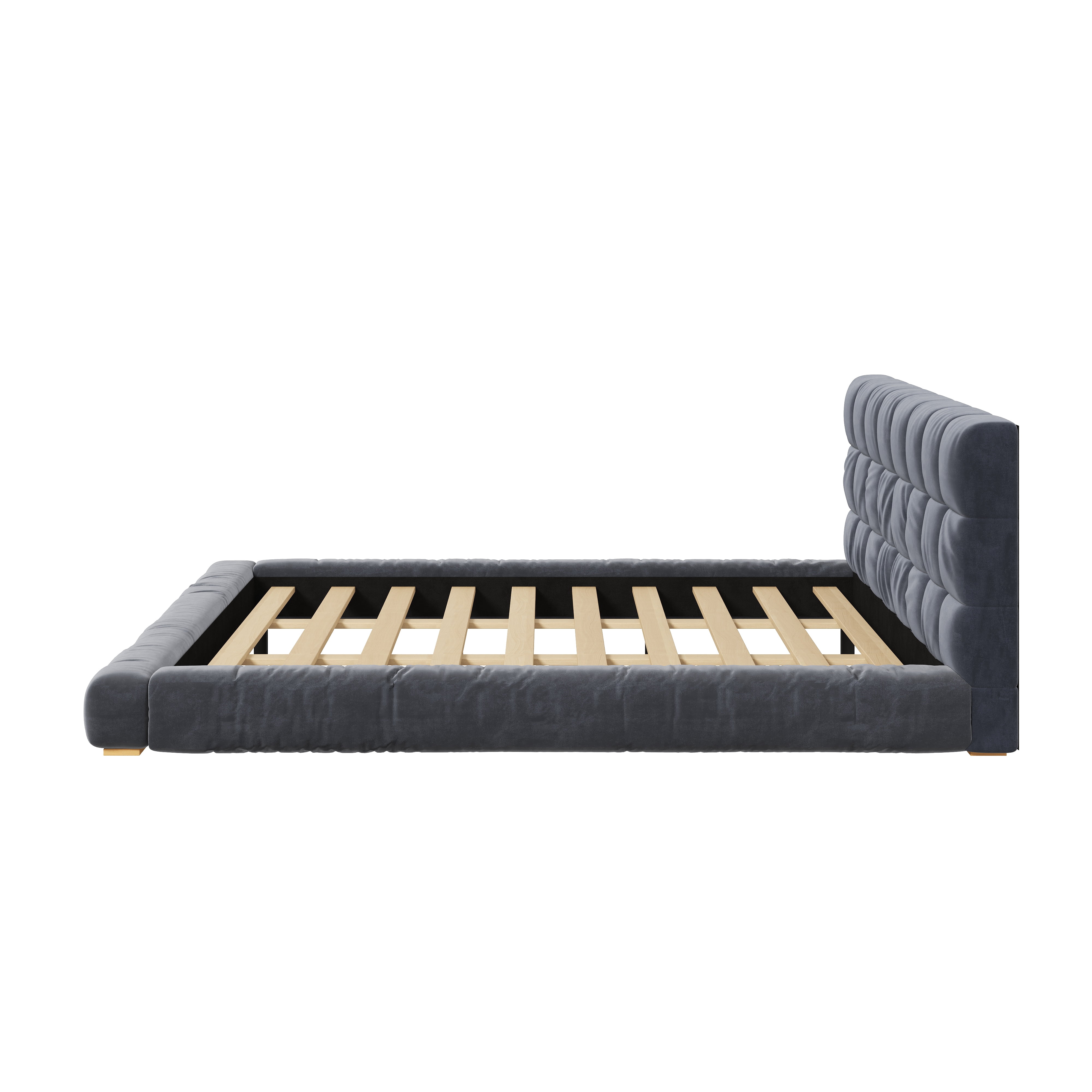 Euroco Velvet Upholstery King Size Platform Bed with Channel Tufted Headboard, Gray