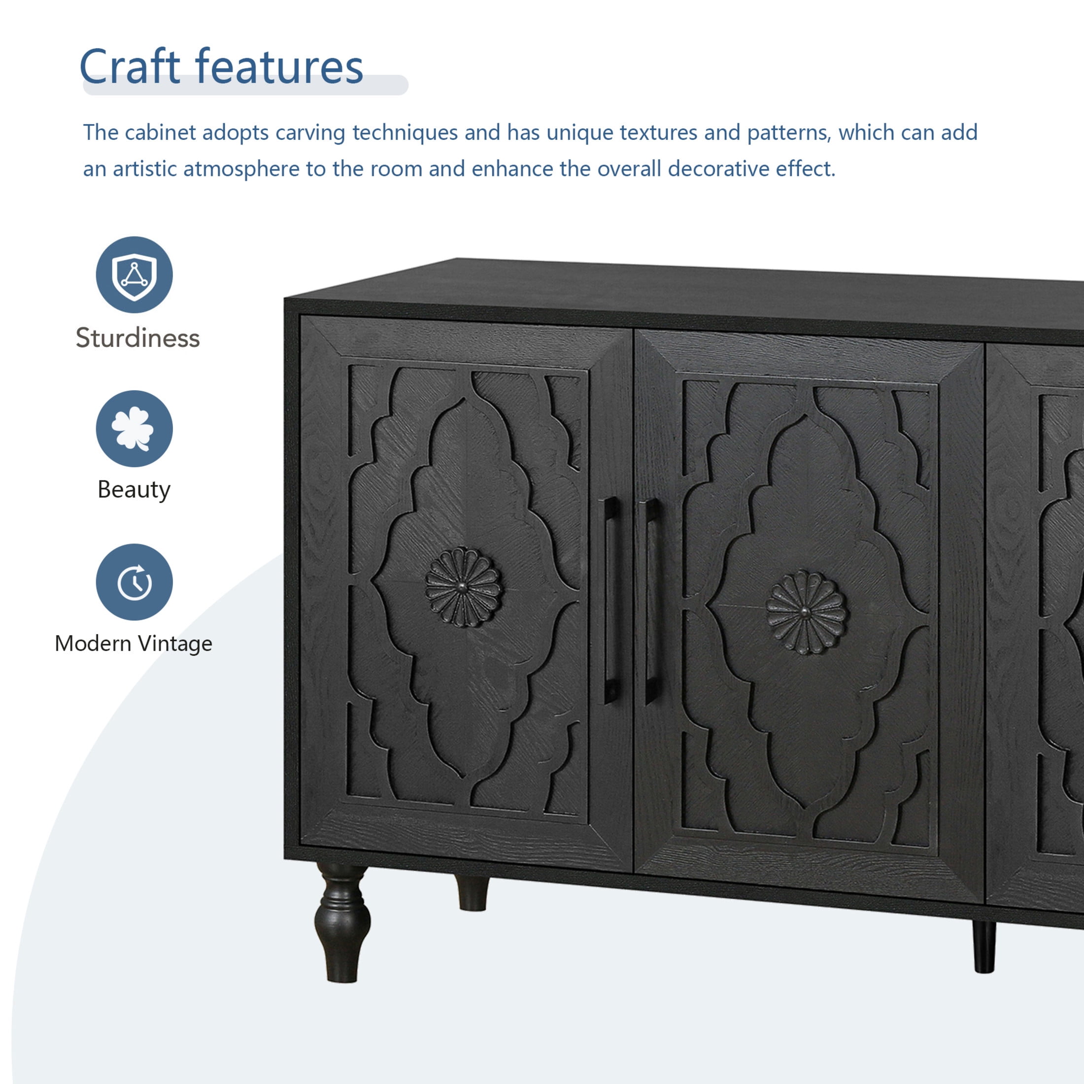 Noble House Carved Flower Door Large Storage Cabinet With Metal Handle Suitable For Living Room, Kitchen, Entryway, Black