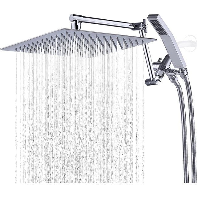 G-Promise All Metal 12 Inch Shower Head with 71 Inch Hose, Rain Shower Head with Handheld Spray Combo, Extra Long Hose, Height/Angle Adjustable Extension Arm, 3-Setting Diverter (Chrome)