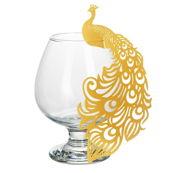 50-Pack Peacock Wine Glass Place Cards - Hollow-Out Design Name Cards for Wedding, Holiday Celebration, Party Decorations (Golden)