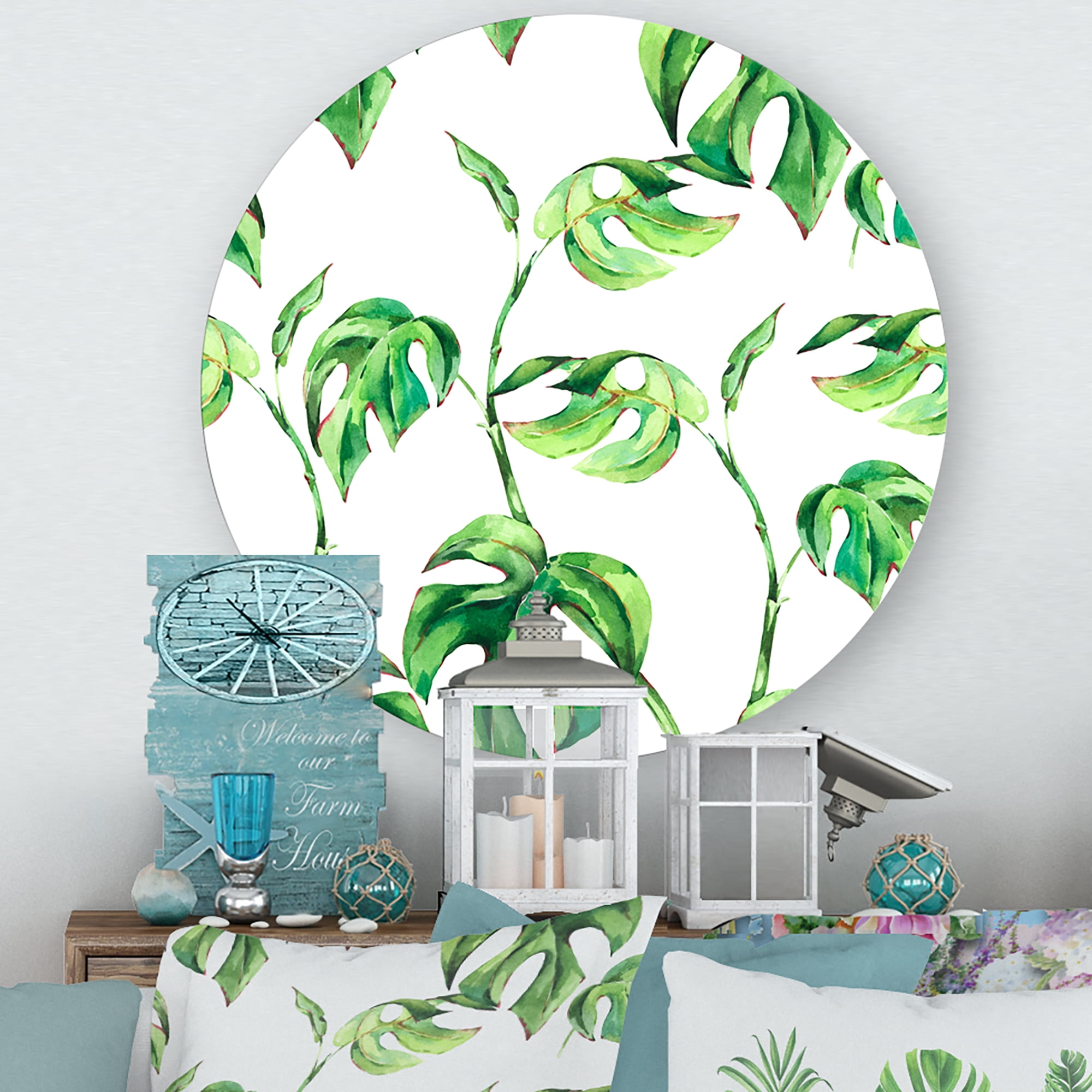 Designart 'Ancient Floral Tropical Leaves II' Tropical Circle Metal Wall Art 23x23 - Disc of 23