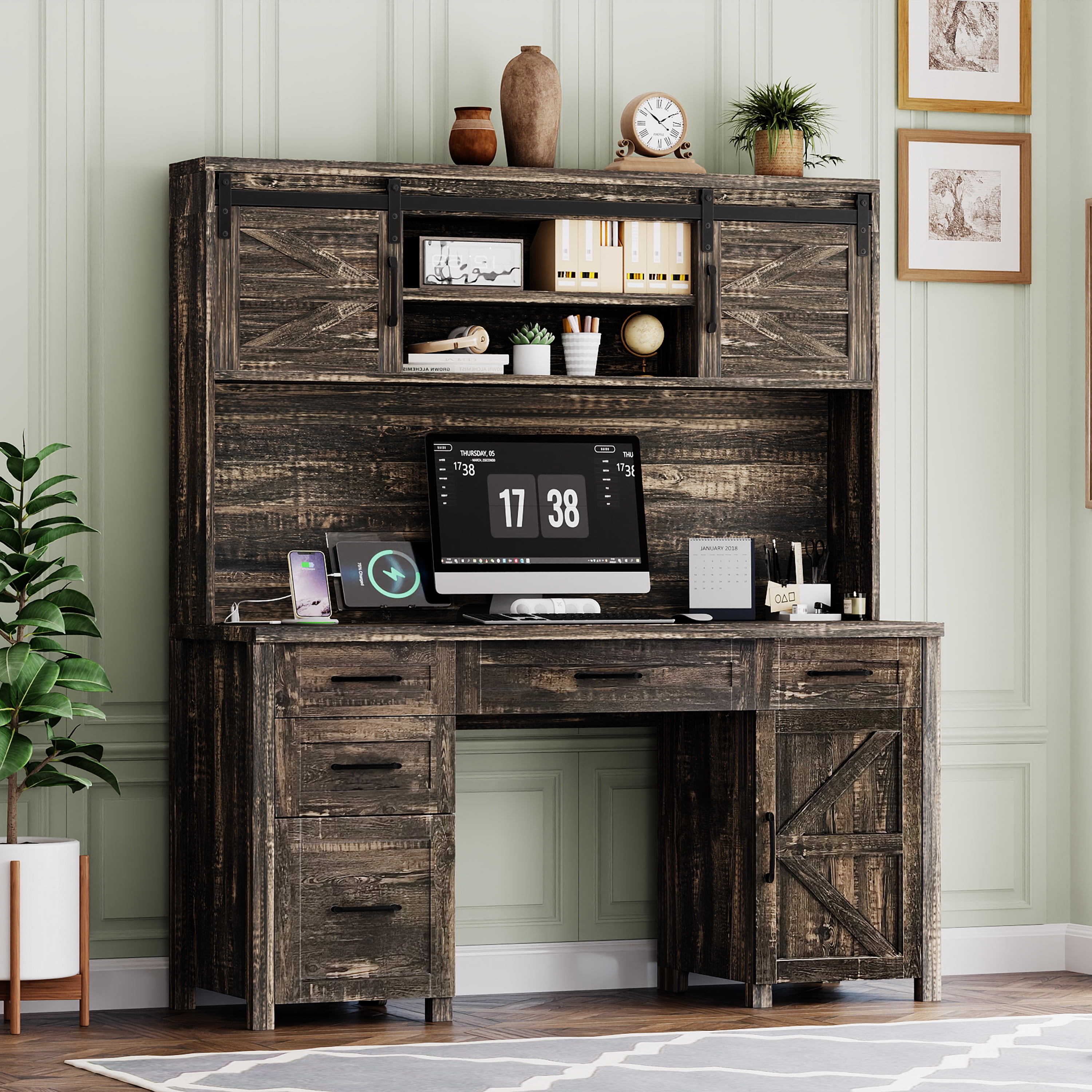 Mintazer Farmhouse Computer Desk with Storage Cabinets & Charging Station, Executive Desk with 2 Sliding Barn Doors and 5 Drawers & Adjustable Shelf for Home Office, Rustic Gray
